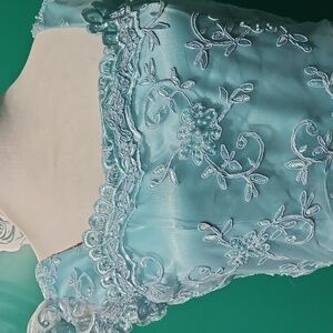 Handmade Bridgerton style petite plus gown ice blue with pearl beads and lace